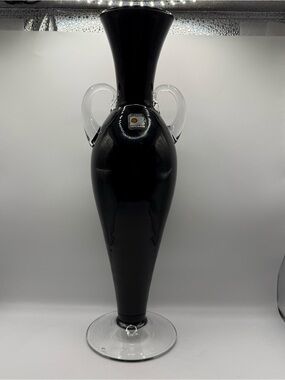 Blenko Urn Black Handblown Glass Vase with Clear Handles